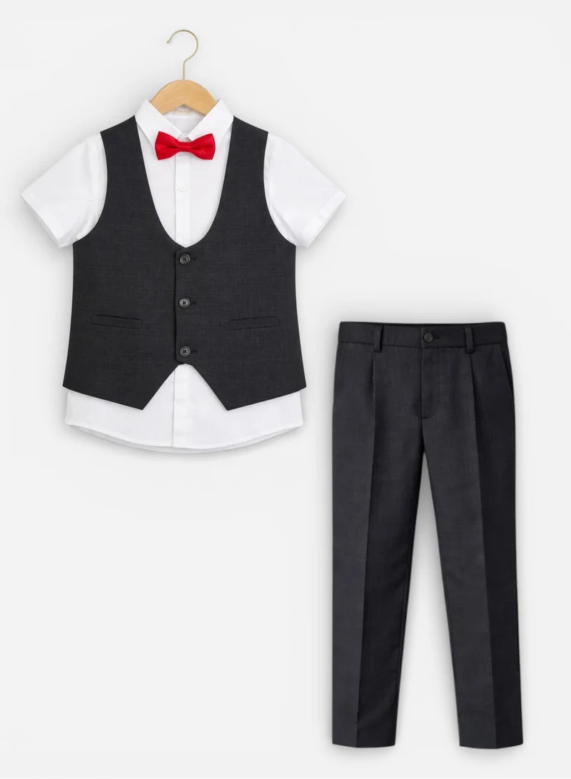 victor and jane Black Waistcoat, Shirt, Trousers & Red Bow Tie Set (3 Years–8 Years)